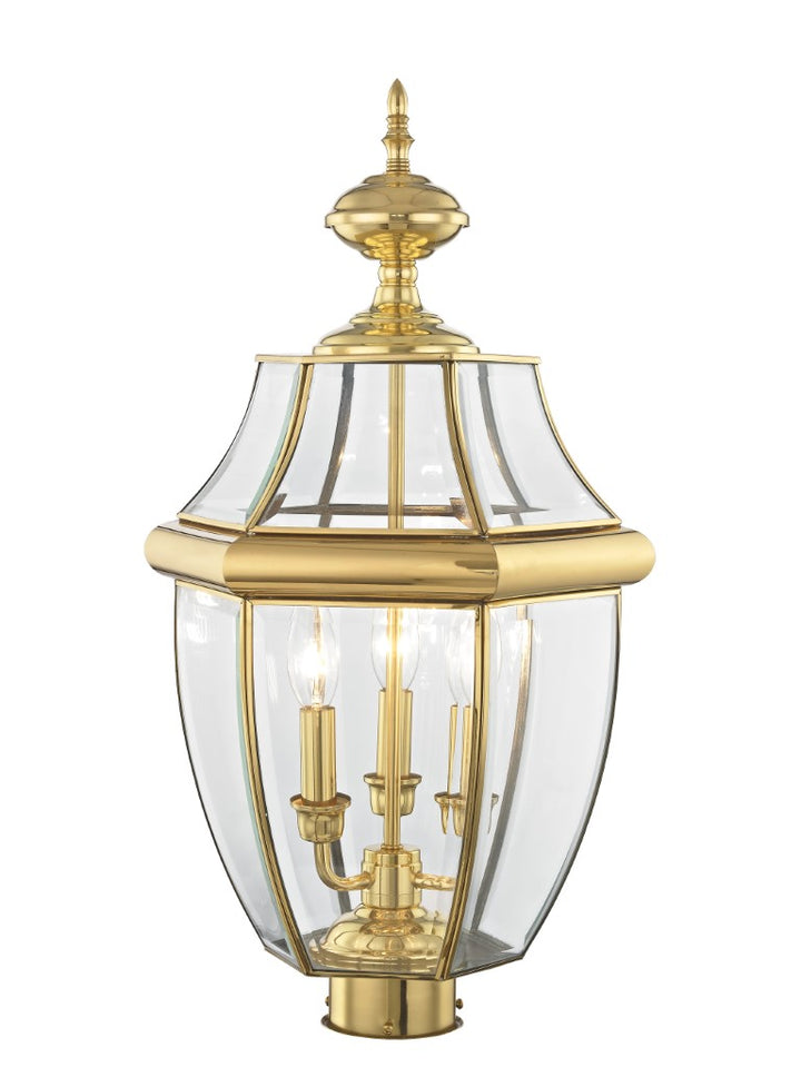2354-02 Monterey Candelabra Base Light Bulb Socket Large Outdoor Post Top Lantern 23.5" x 12.5"  Hand Crafted Solid Brass and Clear Beveled Glass, Antique Brass Finish 120V for Garden, Exterior Post