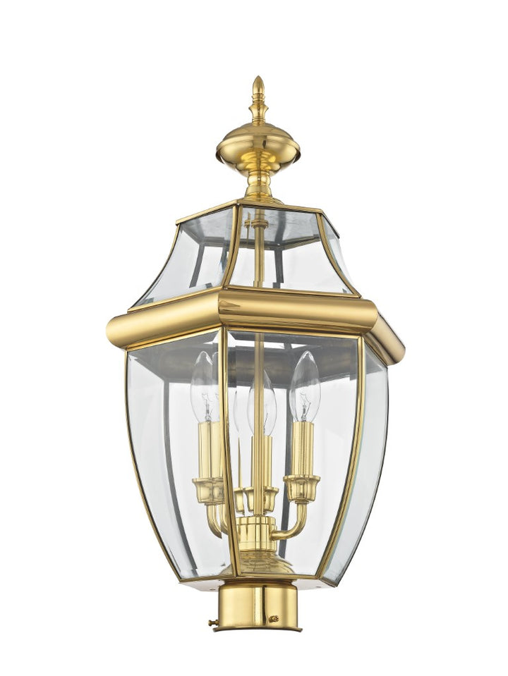 2354-02 Monterey Candelabra Base Light Bulb Socket Large Outdoor Post Top Lantern 23.5" x 12.5"  Hand Crafted Solid Brass and Clear Beveled Glass, Antique Brass Finish 120V for Garden, Exterior Post