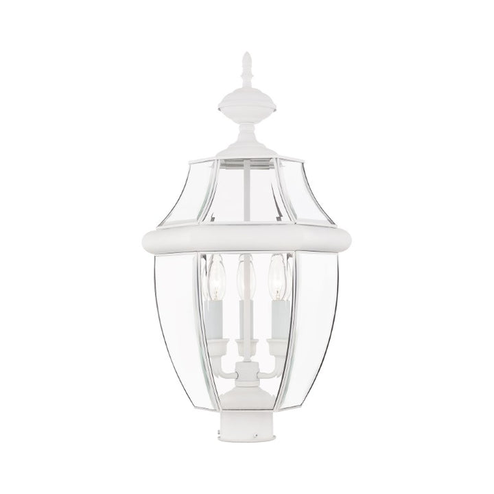 2354-03 Monterey Candelabra Base Light Bulb Socket Large Outdoor Post Top Lantern 23.5" x 12.5"  Hand Crafted Solid Brass and Clear Beveled Glass, White Finish 120V for Garden, Exterior Post