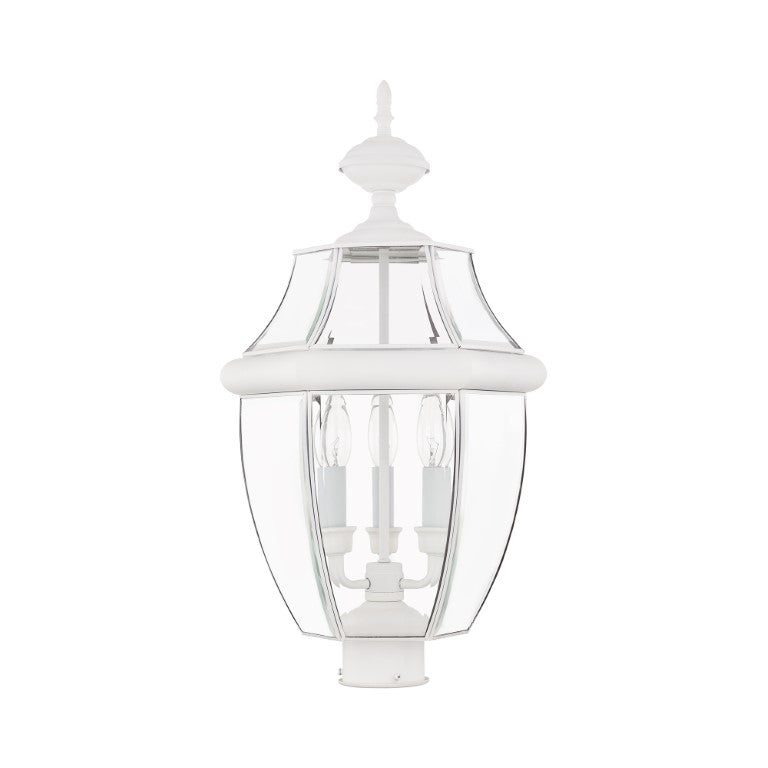 2354-03 Monterey Candelabra Base Light Bulb Socket Large Outdoor Post Top Lantern 23.5" x 12.5"  Hand Crafted Solid Brass and Clear Beveled Glass, White Finish 120V for Garden, Exterior Post