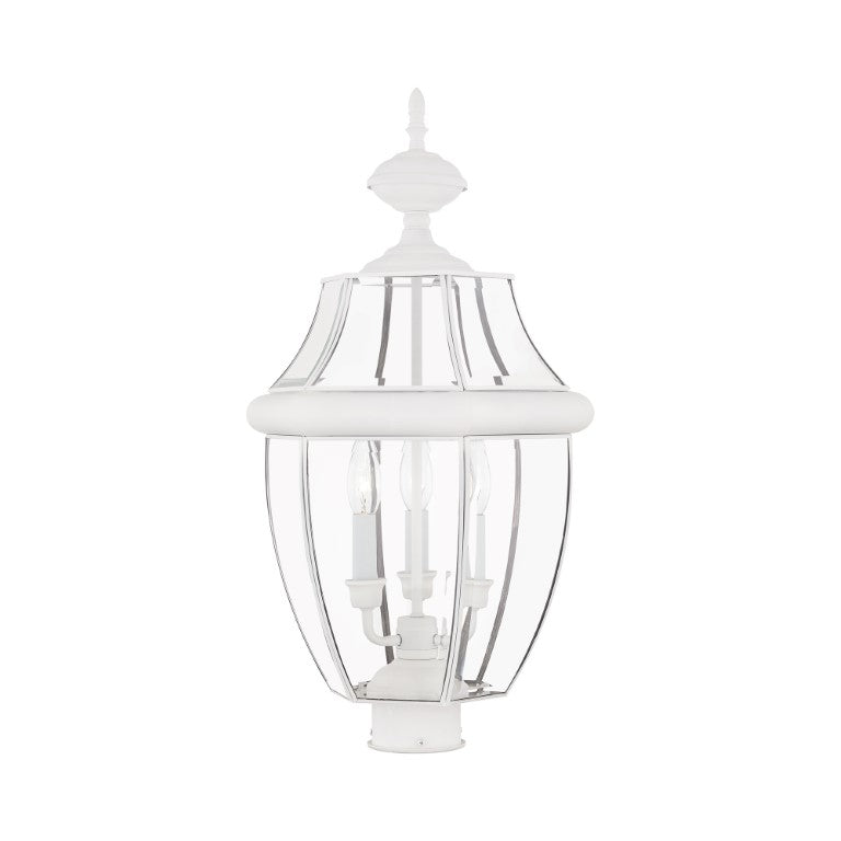 2354-03 Monterey Candelabra Base Light Bulb Socket Large Outdoor Post Top Lantern 23.5" x 12.5"  Hand Crafted Solid Brass and Clear Beveled Glass, White Finish 120V for Garden, Exterior Post