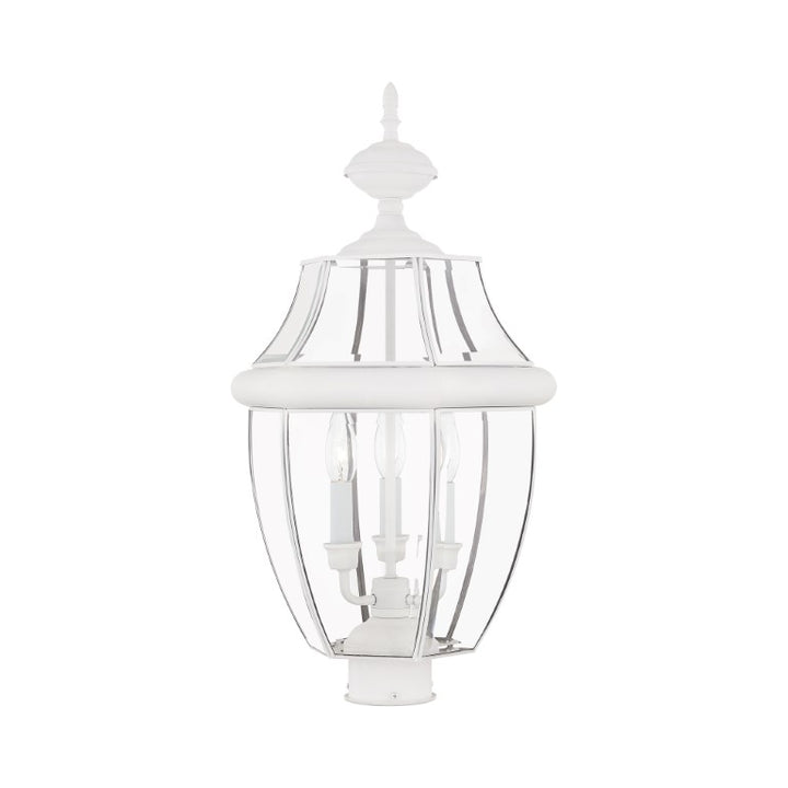 2354-03 Monterey Candelabra Base Light Bulb Socket Large Outdoor Post Top Lantern 23.5" x 12.5"  Hand Crafted Solid Brass and Clear Beveled Glass, White Finish 120V for Garden, Exterior Post