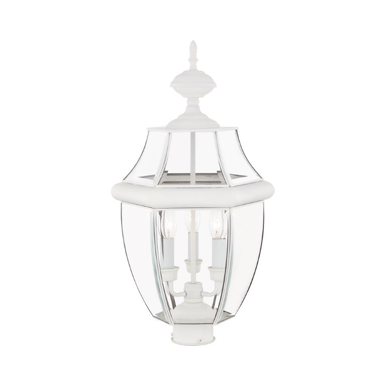 2354-03 Monterey Candelabra Base Light Bulb Socket Large Outdoor Post Top Lantern 23.5" x 12.5"  Hand Crafted Solid Brass and Clear Beveled Glass, White Finish 120V for Garden, Exterior Post