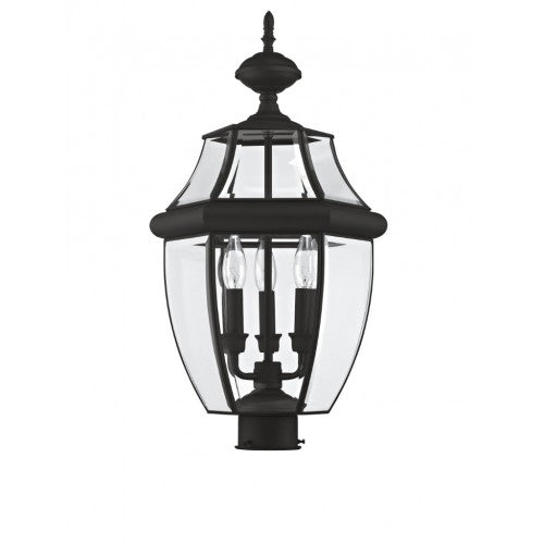 2354-04 Monterey Candelabra Base Light Bulb Socket Large Outdoor Post Top Lantern 23.5" x 12.5"  Hand Crafted Solid Brass and Clear Beveled Glass, Black Finish 120V for Garden, Exterior Post