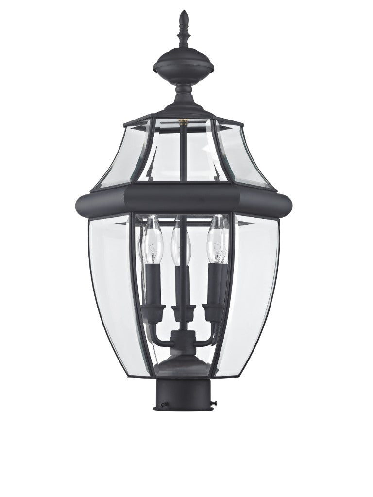 2354-04 Monterey Candelabra Base Light Bulb Socket Large Outdoor Post Top Lantern 23.5" x 12.5"  Hand Crafted Solid Brass and Clear Beveled Glass, Black Finish 120V for Garden, Exterior Post