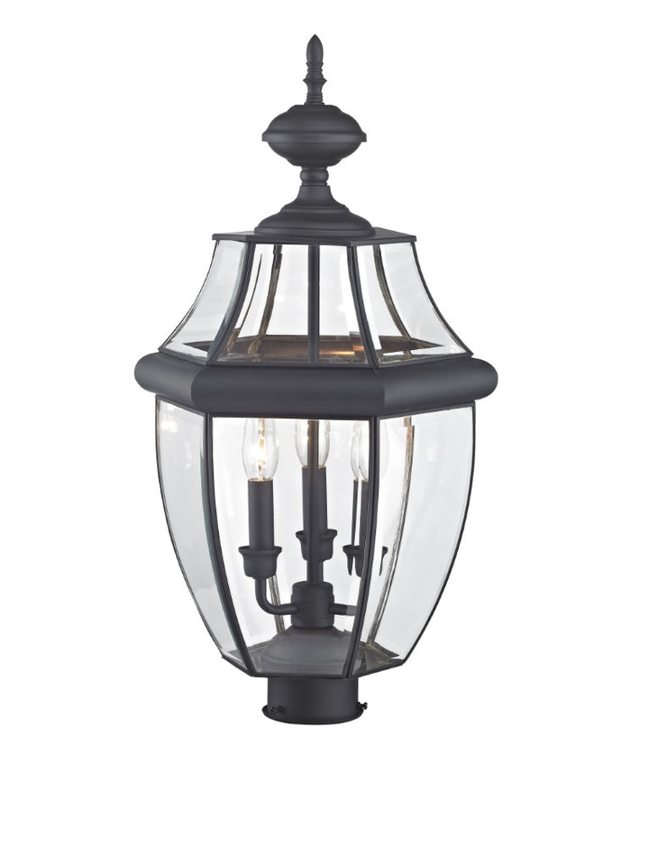 2354-04 Monterey Candelabra Base Light Bulb Socket Large Outdoor Post Top Lantern 23.5" x 12.5"  Hand Crafted Solid Brass and Clear Beveled Glass, Black Finish 120V for Garden, Exterior Post