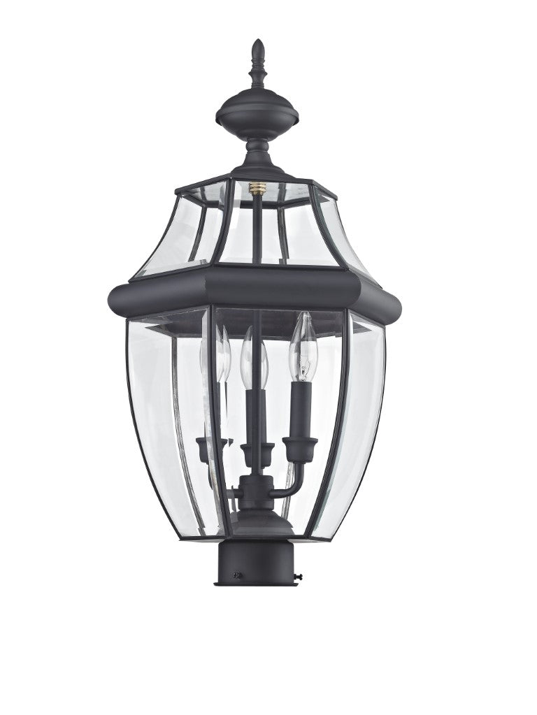 2354-04 Monterey Candelabra Base Light Bulb Socket Large Outdoor Post Top Lantern 23.5" x 12.5"  Hand Crafted Solid Brass and Clear Beveled Glass, Black Finish 120V for Garden, Exterior Post