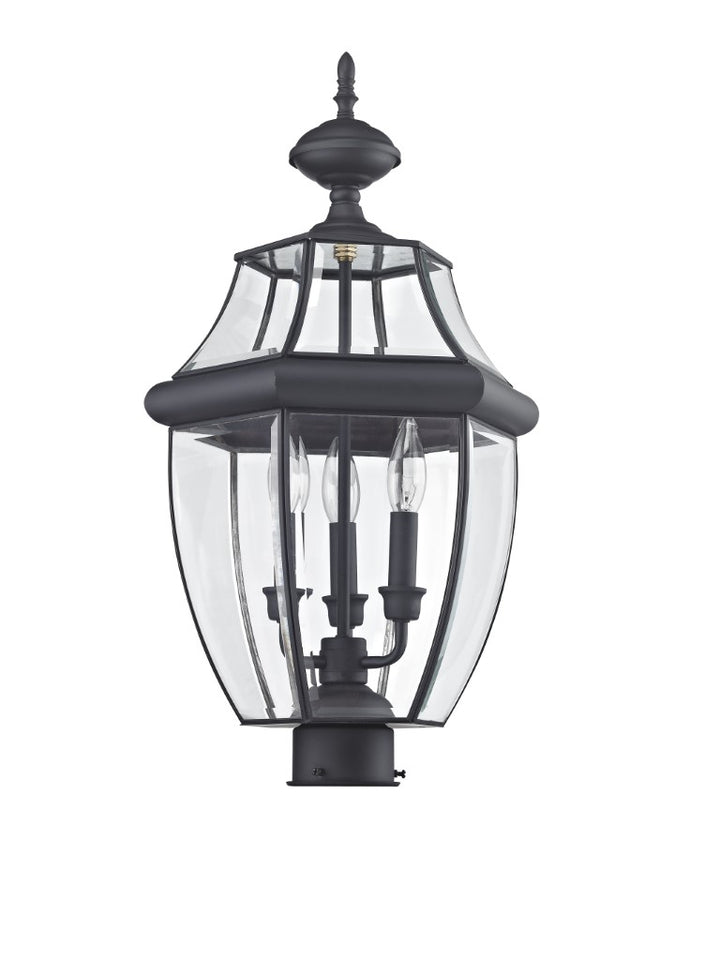 2354-04 Monterey Candelabra Base Light Bulb Socket Large Outdoor Post Top Lantern 23.5" x 12.5"  Hand Crafted Solid Brass and Clear Beveled Glass, Black Finish 120V for Garden, Exterior Post