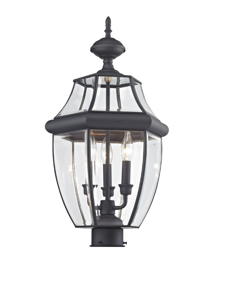 2354-04 Monterey Candelabra Base Light Bulb Socket Large Outdoor Post Top Lantern 23.5" x 12.5"  Hand Crafted Solid Brass and Clear Beveled Glass, Black Finish 120V for Garden, Exterior Post