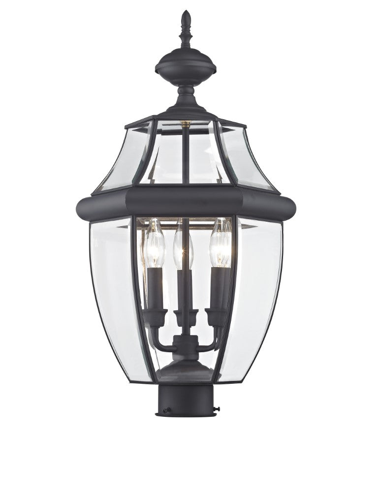 2354-04 Monterey Candelabra Base Light Bulb Socket Large Outdoor Post Top Lantern 23.5" x 12.5"  Hand Crafted Solid Brass and Clear Beveled Glass, Black Finish 120V for Garden, Exterior Post