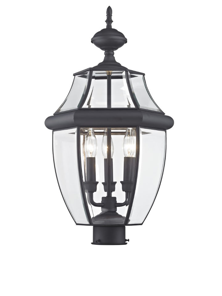 2354-04 Monterey Candelabra Base Light Bulb Socket Large Outdoor Post Top Lantern 23.5" x 12.5"  Hand Crafted Solid Brass and Clear Beveled Glass, Black Finish 120V for Garden, Exterior Post