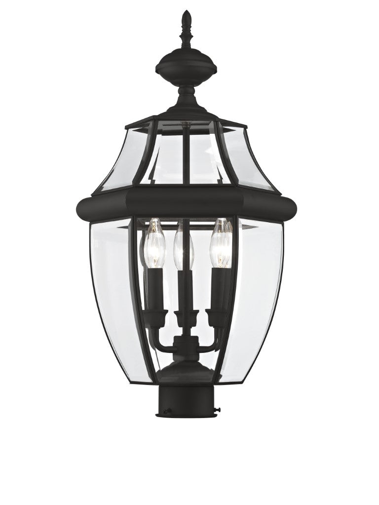 2354-04 Monterey Candelabra Base Light Bulb Socket Large Outdoor Post Top Lantern 23.5" x 12.5"  Hand Crafted Solid Brass and Clear Beveled Glass, Black Finish 120V for Garden, Exterior Post