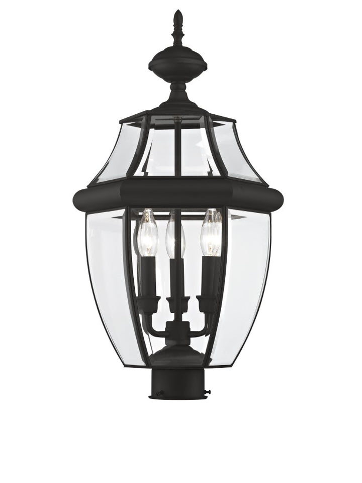 2354-04 Monterey Candelabra Base Light Bulb Socket Large Outdoor Post Top Lantern 23.5" x 12.5"  Hand Crafted Solid Brass and Clear Beveled Glass, Black Finish 120V for Garden, Exterior Post