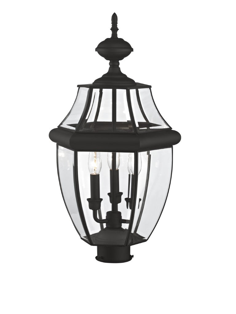 2354-04 Monterey Candelabra Base Light Bulb Socket Large Outdoor Post Top Lantern 23.5" x 12.5"  Hand Crafted Solid Brass and Clear Beveled Glass, Black Finish 120V for Garden, Exterior Post