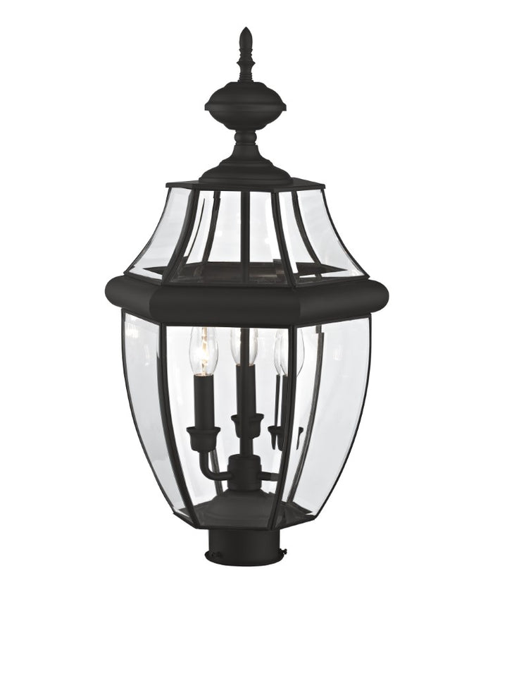 2354-04 Monterey Candelabra Base Light Bulb Socket Large Outdoor Post Top Lantern 23.5" x 12.5"  Hand Crafted Solid Brass and Clear Beveled Glass, Black Finish 120V for Garden, Exterior Post
