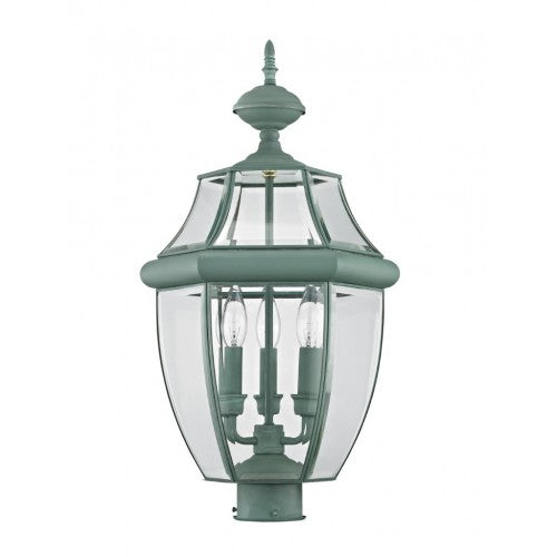 2354-06 Monterey Candelabra Base Light Bulb Socket Large Outdoor Post Top Lantern 23.5" x 12.5"  Hand Crafted Solid Brass and Clear Beveled Glass, Verdigris Finish 120V for Garden, Exterior Post