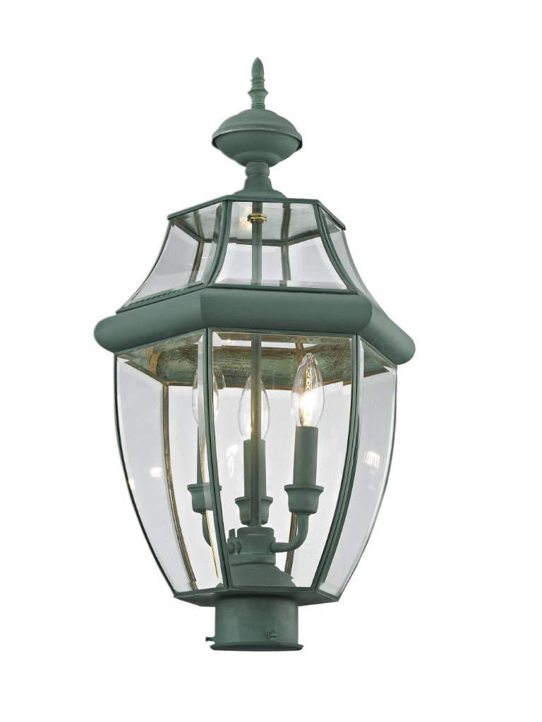 2354-06 Monterey Candelabra Base Light Bulb Socket Large Outdoor Post Top Lantern 23.5" x 12.5"  Hand Crafted Solid Brass and Clear Beveled Glass, Verdigris Finish 120V for Garden, Exterior Post
