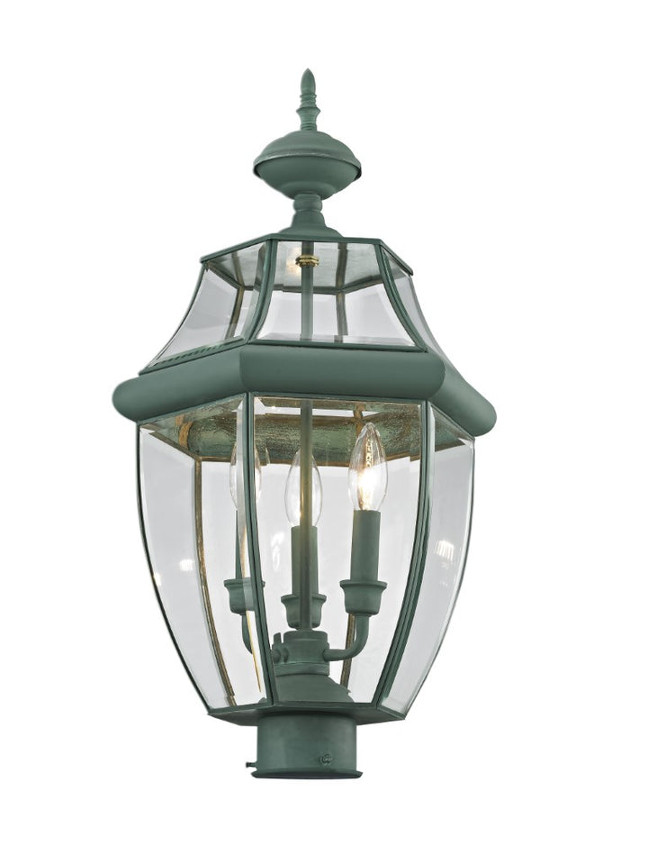 2354-06 Monterey Candelabra Base Light Bulb Socket Large Outdoor Post Top Lantern 23.5" x 12.5"  Hand Crafted Solid Brass and Clear Beveled Glass, Verdigris Finish 120V for Garden, Exterior Post
