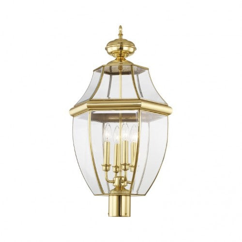 2358-02 Monterey Candelabra Base Light Bulb Socket Extra Large Outdoor Post Top Lantern 29" x 16"  Hand Crafted Solid Brass and Clear Beveled Glass, Polished Brass Finish 120V for Garden, Exterior Post
