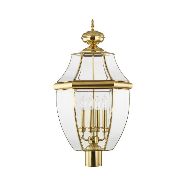 2358-02 Monterey Candelabra Base Light Bulb Socket Extra Large Outdoor Post Top Lantern 29" x 16"  Hand Crafted Solid Brass and Clear Beveled Glass, Polished Brass Finish 120V for Garden, Exterior Post