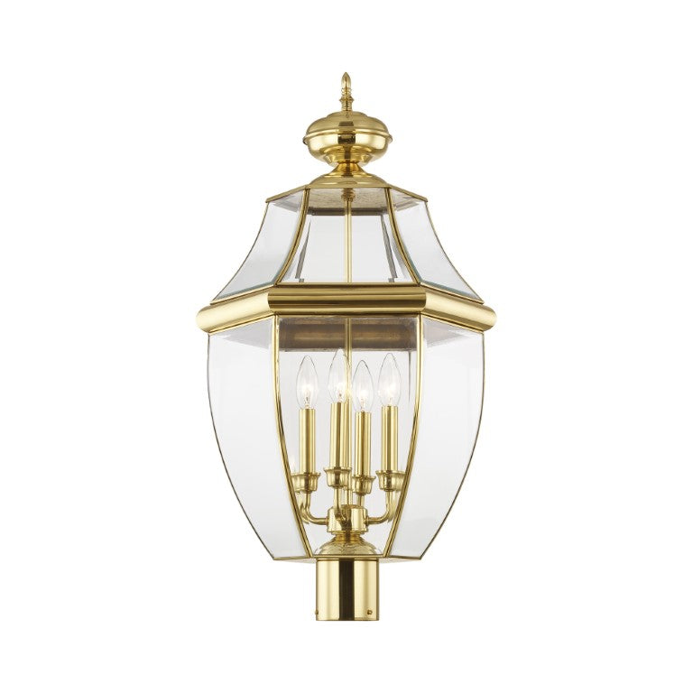 2358-02 Monterey Candelabra Base Light Bulb Socket Extra Large Outdoor Post Top Lantern 29" x 16"  Hand Crafted Solid Brass and Clear Beveled Glass, Polished Brass Finish 120V for Garden, Exterior Post