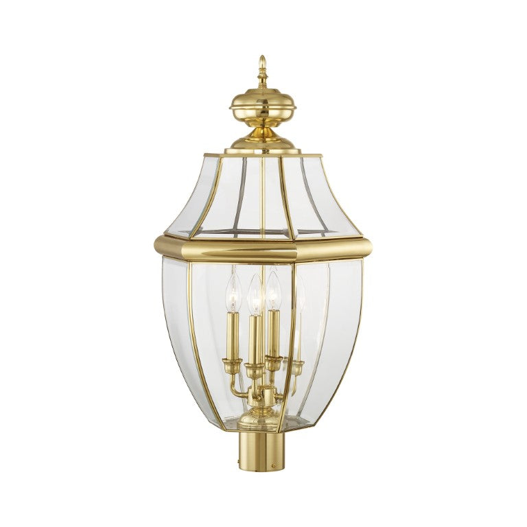 2358-02 Monterey Candelabra Base Light Bulb Socket Extra Large Outdoor Post Top Lantern 29" x 16"  Hand Crafted Solid Brass and Clear Beveled Glass, Polished Brass Finish 120V for Garden, Exterior Post