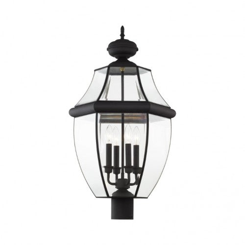 2358-04 Monterey Candelabra Base Light Bulb Socket Extra Large Outdoor Post Top Lantern 29" x 16"  Hand Crafted Solid Brass and Clear Beveled Glass, Black Finish 120V for Garden, Exterior Post