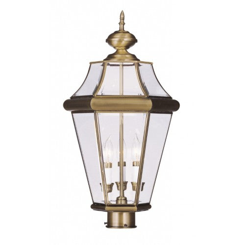 2364-01 Georgetown Candelabra Base Light Bulb Socket Outdoor Post Top Lantern 23.25" x 13"  Hand Crafted Solid Brass and Clear Beveled Glass, Antique Brass Finish 120V for Garden, Exterior Post
