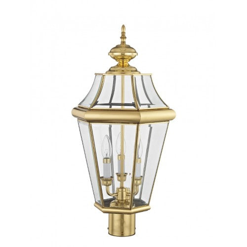2364-02 Georgetown Candelabra Base Light Bulb Socket Large Outdoor Post Top Lantern 23.25" x 13"  Hand Crafted Solid Brass and Clear Beveled Glass, Polished Brass Finish 120V for Garden, Exterior Post