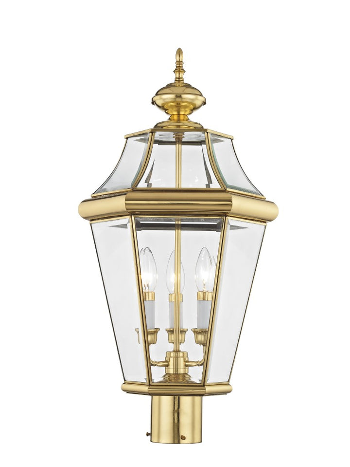 2364-02 Georgetown Candelabra Base Light Bulb Socket Large Outdoor Post Top Lantern 23.25" x 13"  Hand Crafted Solid Brass and Clear Beveled Glass, Polished Brass Finish 120V for Garden, Exterior Post