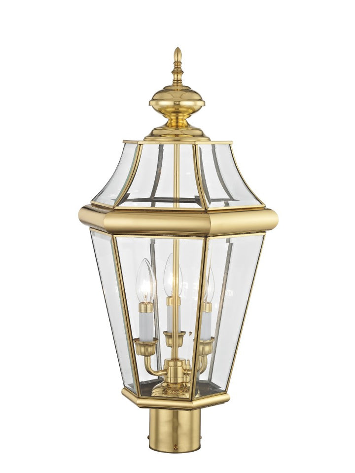 2364-02 Georgetown Candelabra Base Light Bulb Socket Large Outdoor Post Top Lantern 23.25" x 13"  Hand Crafted Solid Brass and Clear Beveled Glass, Polished Brass Finish 120V for Garden, Exterior Post