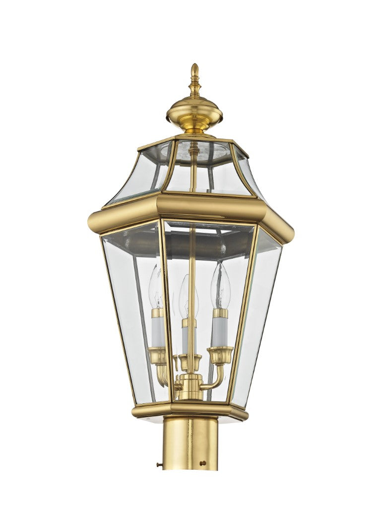 2364-02 Georgetown Candelabra Base Light Bulb Socket Large Outdoor Post Top Lantern 23.25" x 13"  Hand Crafted Solid Brass and Clear Beveled Glass, Polished Brass Finish 120V for Garden, Exterior Post