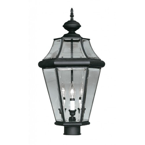 2364-04 Georgetown Candelabra Base Light 3 Bulb Sockets Large Outdoor Post Top Lantern 23.25" x 13"  Hand Crafted Solid Brass and Clear Beveled Glass, Black Finish 120V for Garden, Exterior Post