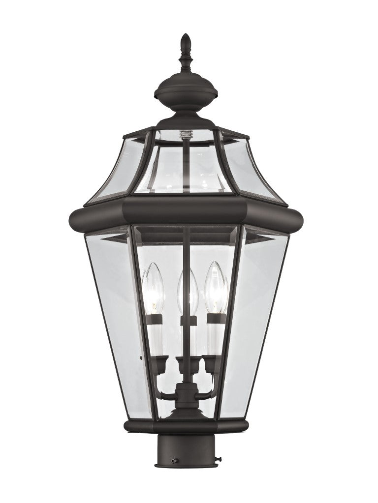 2364-07 Georgetown Candelabra Base Light 3 Bulb Sockets Large Outdoor Post Top Lantern 23.25" x 13"  Hand Crafted Solid Brass and Clear Beveled Glass, Bronze Finish 120V for Garden, Exterior Post