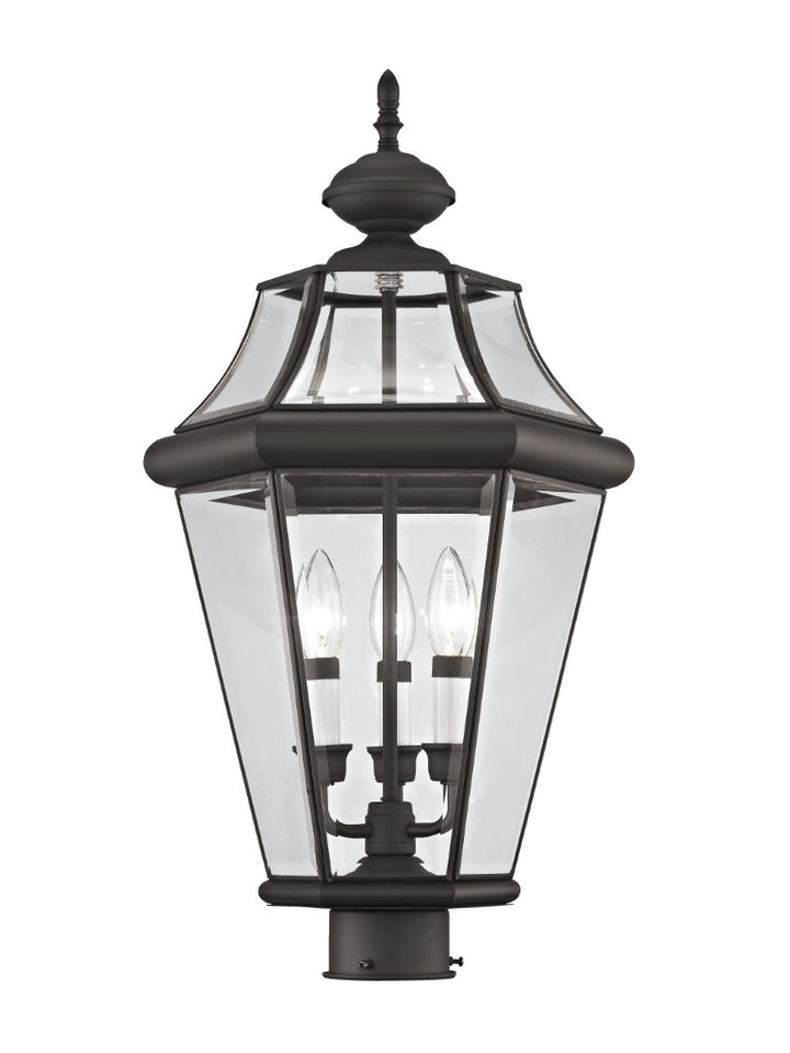 2364-07 Georgetown Candelabra Base Light 3 Bulb Sockets Large Outdoor Post Top Lantern 23.25" x 13"  Hand Crafted Solid Brass and Clear Beveled Glass, Bronze Finish 120V for Garden, Exterior Post