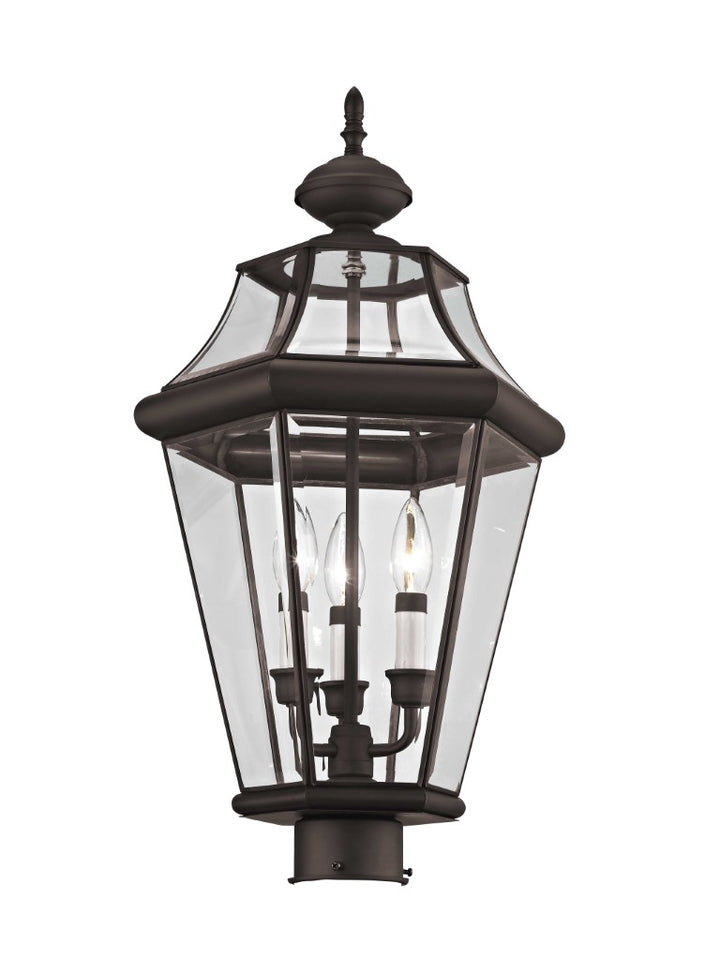 2364-07 Georgetown Candelabra Base Light 3 Bulb Sockets Large Outdoor Post Top Lantern 23.25" x 13"  Hand Crafted Solid Brass and Clear Beveled Glass, Bronze Finish 120V for Garden, Exterior Post