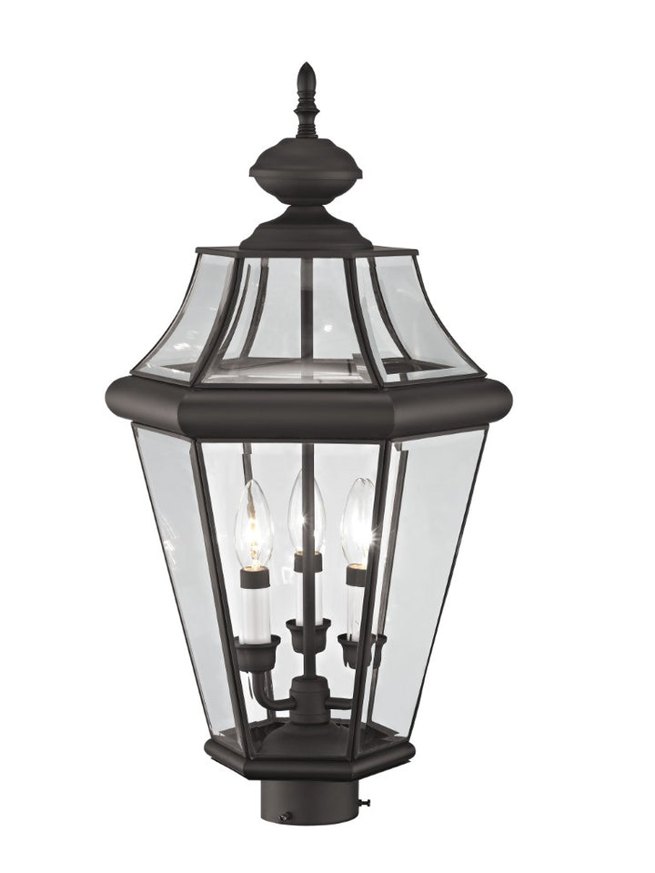 2364-07 Georgetown Candelabra Base Light 3 Bulb Sockets Large Outdoor Post Top Lantern 23.25" x 13"  Hand Crafted Solid Brass and Clear Beveled Glass, Bronze Finish 120V for Garden, Exterior Post