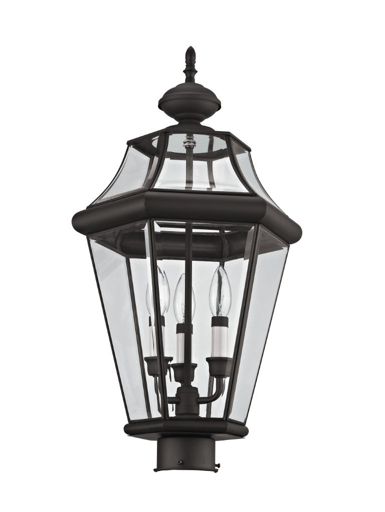 2364-07 Georgetown Candelabra Base Light 3 Bulb Sockets Large Outdoor Post Top Lantern 23.25" x 13"  Hand Crafted Solid Brass and Clear Beveled Glass, Bronze Finish 120V for Garden, Exterior Post