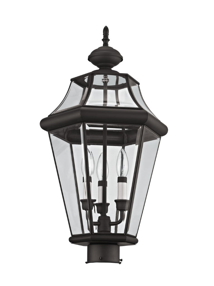 2364-07 Georgetown Candelabra Base Light 3 Bulb Sockets Large Outdoor Post Top Lantern 23.25" x 13"  Hand Crafted Solid Brass and Clear Beveled Glass, Bronze Finish 120V for Garden, Exterior Post