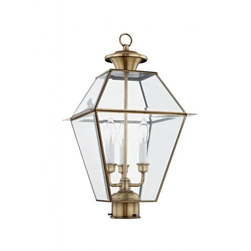 2384-01 Westover Candelabra Base 3 Light  Bulb Sockets Large Outdoor Post Top Lantern 12" x 12" x 21.5" Hand Crafted Solid Brass and Clear Beveled Glass, Antique Brass Finish 120V for Garden, Exterior Post