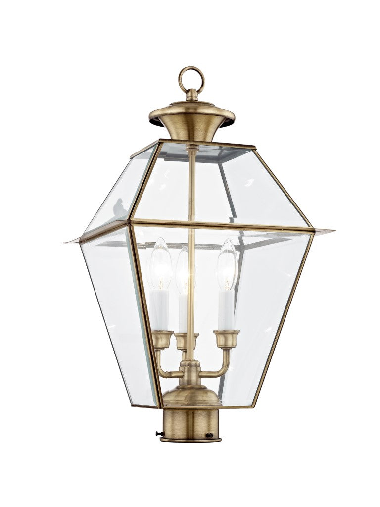 2384-01 Westover Candelabra Base 3 Light  Bulb Sockets Large Outdoor Post Top Lantern 12" x 12" x 21.5" Hand Crafted Solid Brass and Clear Beveled Glass, Antique Brass Finish 120V for Garden, Exterior Post