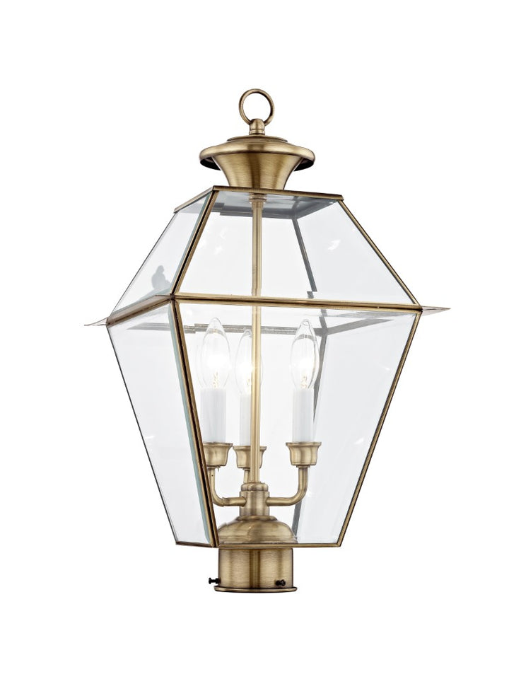 2384-01 Westover Candelabra Base 3 Light  Bulb Sockets Large Outdoor Post Top Lantern 12" x 12" x 21.5" Hand Crafted Solid Brass and Clear Beveled Glass, Antique Brass Finish 120V for Garden, Exterior Post