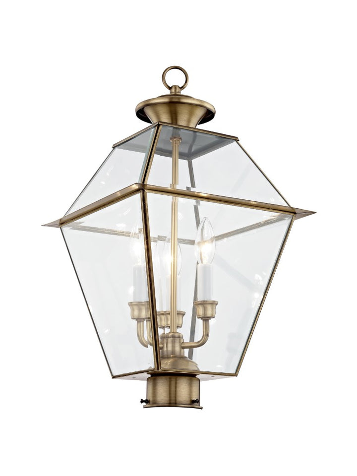2384-01 Westover Candelabra Base 3 Light  Bulb Sockets Large Outdoor Post Top Lantern 12" x 12" x 21.5" Hand Crafted Solid Brass and Clear Beveled Glass, Antique Brass Finish 120V for Garden, Exterior Post