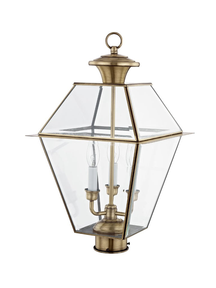 2384-01 Westover Candelabra Base 3 Light  Bulb Sockets Large Outdoor Post Top Lantern 12" x 12" x 21.5" Hand Crafted Solid Brass and Clear Beveled Glass, Antique Brass Finish 120V for Garden, Exterior Post