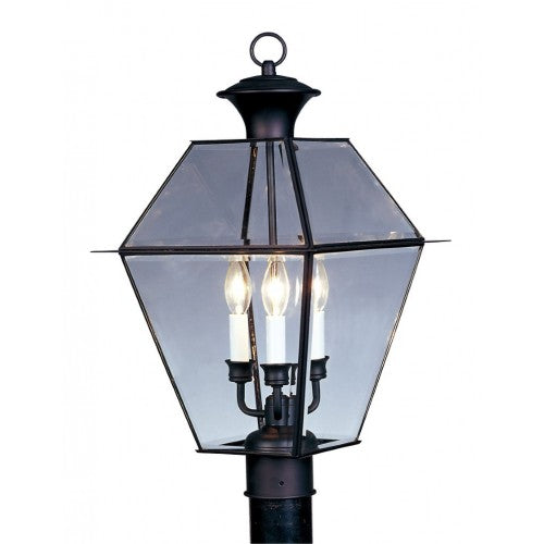 2384-04 Westover Candelabra Base 3 Light Bulb Sockets Large Outdoor Post Top Lantern 12" x 12" x 21.5" Hand Crafted Solid Brass and Clear Beveled Glass, Black Finish 120V for Garden, Exterior Post