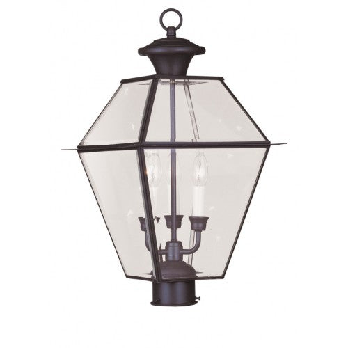 2384-07 Westover Candelabra Base 3 Light Bulb Sockets Large Outdoor Post Top Lantern 12" x 12" x 21.5" Hand Crafted Solid Brass and Clear Beveled Glass, Bronze Finish 120V for Garden, Exterior Post