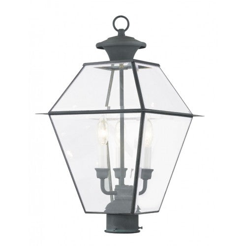 2384-61 Westover Candelabra Base 3 Light Bulb Sockets Large Outdoor Post Top Lantern 12" x 12" x 22" Hand Crafted Solid Brass and Clear Beveled Glass, Charcoal Finish 120V for Garden, Exterior Post