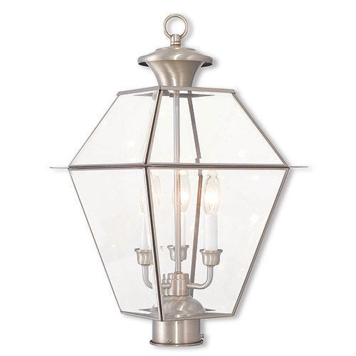 2384-91 Westover Candelabra Base 3 Light Bulb Sockets Large Outdoor Post Top Lantern 12" x 12" x 21.5" Hand Crafted Solid Brass and Clear Beveled Glass, Brushed Nickel Finish 120V for Garden, Exterior Post
