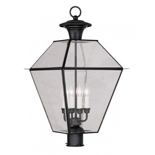 2388-04 Westover Candelabra Base 4 Light Bulb Sockets Extra Large Outdoor Post Top Lantern 15" x 15" x 27.5" Hand Crafted Solid Brass and Clear Beveled Glass, Black Finish 120V for Garden, Exterior Post