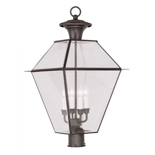 2388-07 Westover Candelabra Base 4 Light Bulb Sockets Extra Large Outdoor Post Top Lantern 15" x 15" x 27.5" Hand Crafted Solid Brass and Clear Beveled Glass, Bronze Finish 120V for Garden, Exterior Post